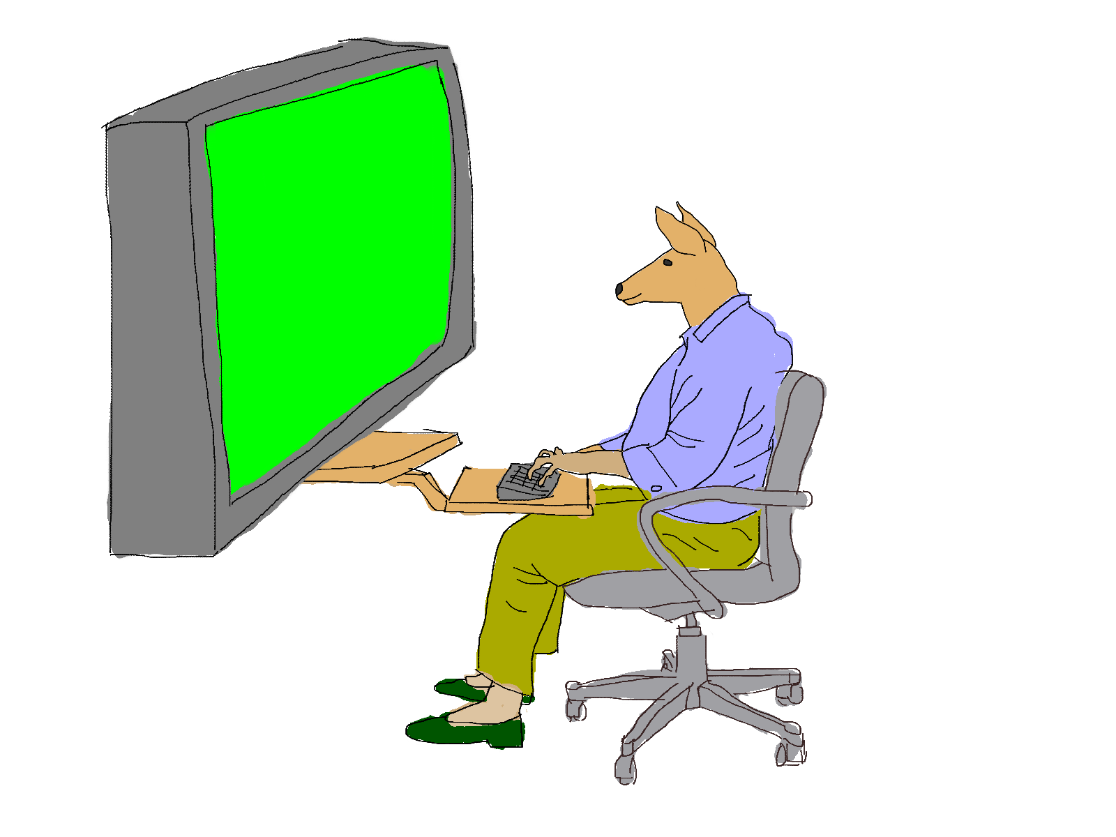 A drawing of a man with the head of a dear sitting in front of a large computer typing.